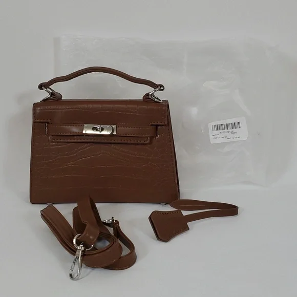 NEW BROWN CROC EMBOSSED FAUX LEATHER SMALL SATCHEL CROSSBODY BAG - Picture 1 of 13